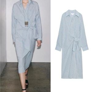 Zara Light Blue Striped Maxi Dress with Tan Stripes